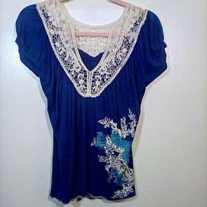 Wet Seal Blue Floral Top with White Crochet Lace Trim XS
